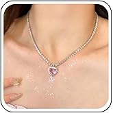 Erimberate Bohemian Crystal Heart Choker Necklace Silver Heart Tennis Chain Necklace Pink Rhinestone Heart Pendant Necklace Heart Cz Tennis Chain Necklace Jewelry for Women Gifts