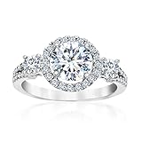 Mia Sarine Womens Round Halo Royal Princess Style Three Stone Cubic Zirconia Engagement Ring in Rhodium over Brass Size 7