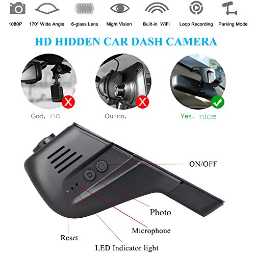 TekBow WiFi Car DVR Dash Camera Hidden Video Driving Recorder Full HD 1080P 170 Degree Wide Angle, Night Vision, G-Sensor, Parking Mode, WDR, IOS & Android APP, 16GB Micro SD Card Included