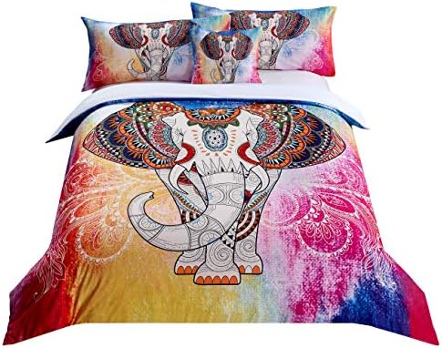 MEILA Duvet Cover Set Bohemian Mandala Elephant Exotic Pattern Boho Bedding Sets, Multi,Queen(90inx 90in), 4 Pieces (1 Duvet Cover+ 2 Pillowcase+ 1 Throw Pillow Case)