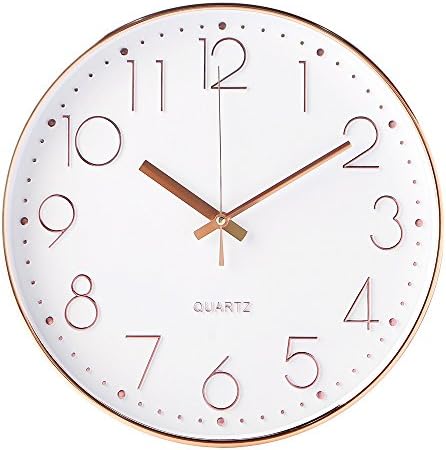 LauderHome Modern 12" Battery Operated Silent &amp; Non-ticking Wall Clock,Plastic Frame Glass Cover (Rose Gold)