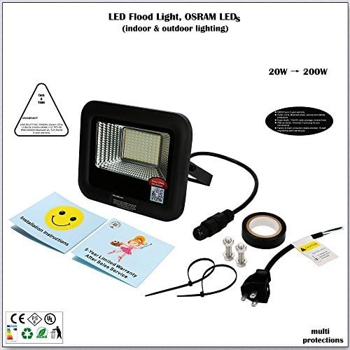 20W LED Flood Light, Work Light, Osram LED, 106lm/W 2182lm, 4500K, Meanwell Power, IP66, UL, 5-Year Warranty, US Plug, Indoor, Outdoor, Garden, Landscape, Yard, Garage, Camp, Fishingboat Lighting
