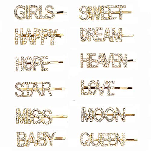 12 Pieces Letter Hair Clips, Words Hair Pins, Letter Bobby Pins, Metal Hair Clips, Rhinestone Hair Barrettes, Bling Hair Accessories for Women - Thumbnail 7