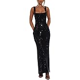 Lulezuare Women's Sparkly Bodycon Square Neck Prom Dress Sequin Mesh Backless Cocktail Party Dresses