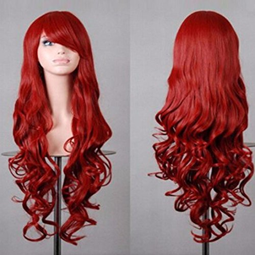 Vanvler Wig, Women Long Curly Hair Lady Party Anime Full Wig Cosplay (Red)