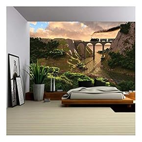 Old Steam Train Crossing a Bridge Over Sunset Background (3D) - Removable Wall Mural | Self-Adhesive Large Wallpaper - 66x96 inches