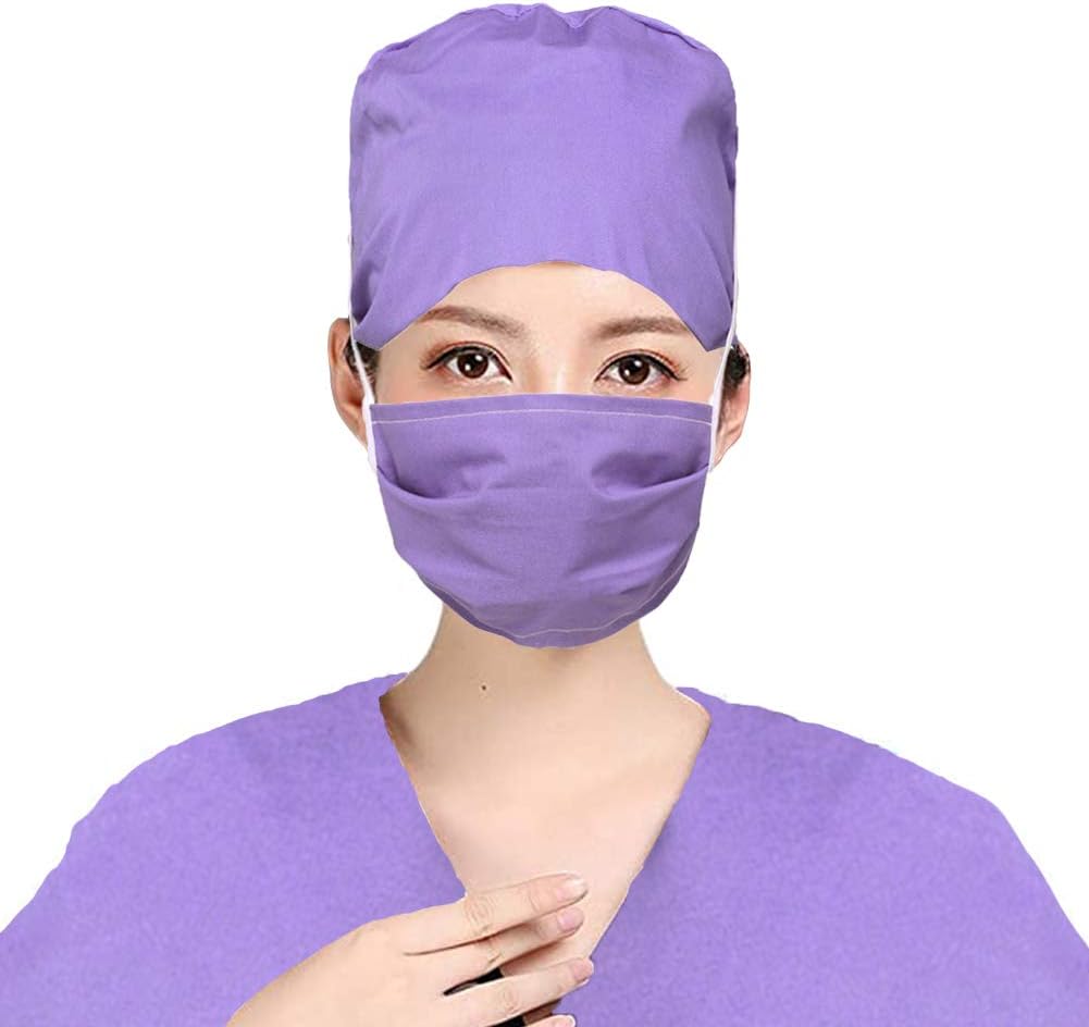 Mwfus Women Surgical Cap Scrub Caps with Mask, Adjustable Bouffant Hat for Doctor Nurse Men