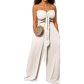 WXN Womens Two Piece Outfits Tie Front Bandeau Crop Top and Wide Leg Pants Set Vacation Summer Outfits with Pockets