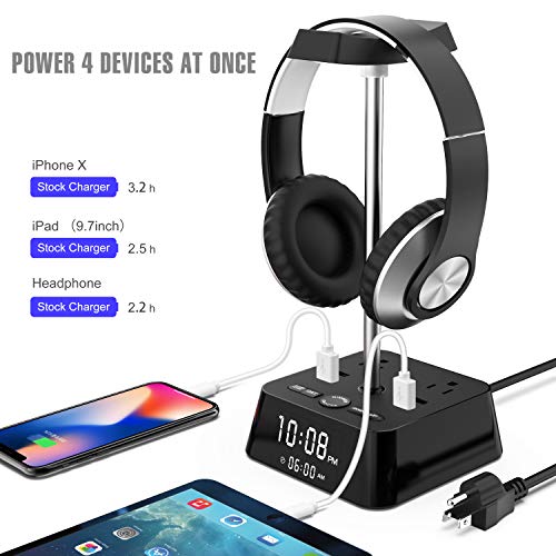 KDrive Headphone Stand with 4 USB Charging Port, 2 AC Outlet, LED Desk Lamp Lighting, HD Clock Display - Universal Sizes, Gaming Headset Hanger Organizer