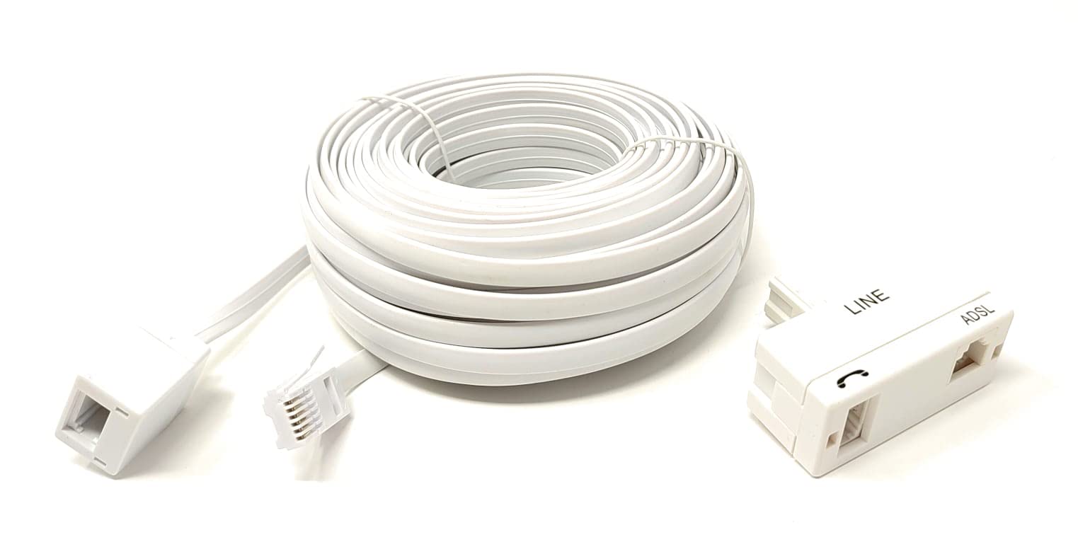 Maincore 15m 2in1 long White BT Telephone Extension Cable Lead With BT & ADSL RJ11 Socket Micro-Filter MicroFilter UK Broadband Phone Modem Splitter Adapter (15m)