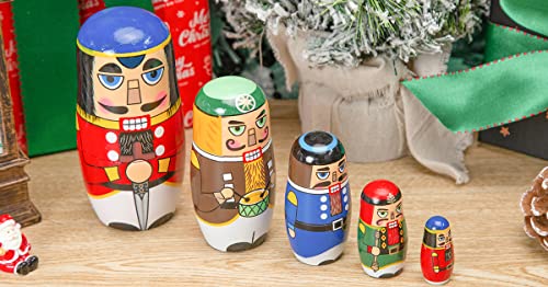 AMOR PRESENT Nutcracker Nesting Doll, 5Pcs Russian Matryoshka Dolls Christmas Nutcracker Figures Handmade Wooden Nutcracker Set