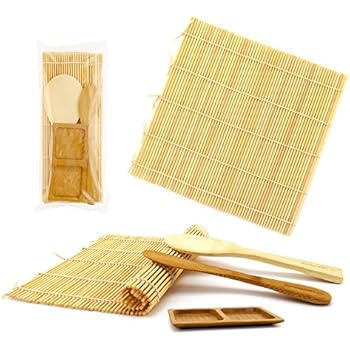 BambooMN Deluxe Sushi Making Kit 2x Natural Rolling Mats, 1x Rice Paddle, 1x Spreader, 1x Sauce Dish | 100% Bamboo Mats and Utensils
