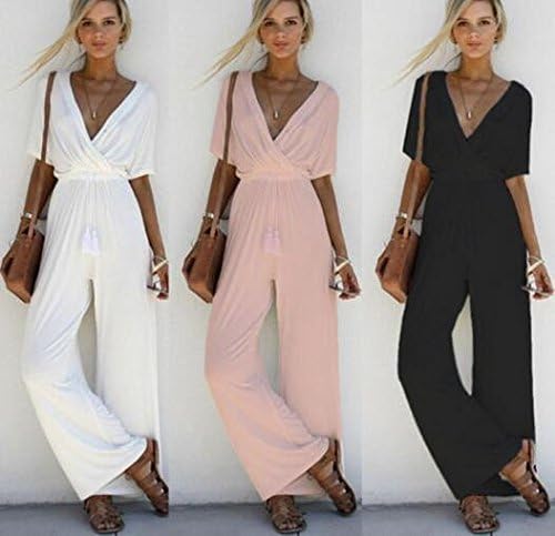 QiyuanLS Ladies Women V Neck Loose Playsuit Romper Party Short Sleeve Long Jumpsuit Casual Chiffon Summer Clothing (Black, XL)