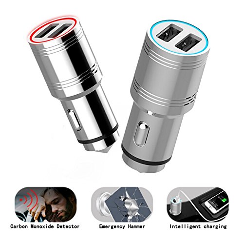Multi-Function Fast Car Charger Stainless Steel Carbon Monoxide Detector 2 Ports 2.4A USB Adapter for iPhone Android, World First CO Alarm in Car with Emergency Glass Breaker - Thumbnail 2