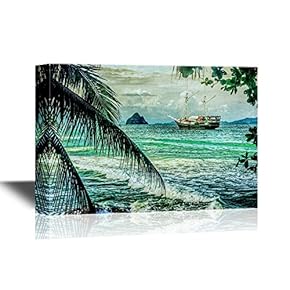 Canvas Wall Art - Beautiful Seascape with Sailing on The Sea of Old Ships Against Cloudy Sky - Gallery Wrap Modern Home Art | Ready to Hang - 12x18 inches