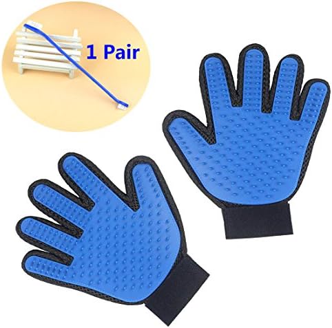 Pet Grooming Glove,Ecjiuyi Gentle Deshedding Massaging Bath Brush Glove for Dog and Cat with Long or Short Fur,Efficient Five Finger Design,Free Bonus - Toothbrush for Pets (1 Pair)