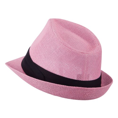 Kid's Paper Straw Black Band Fedora - Pink OSFM