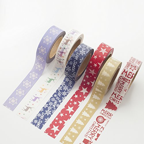 6 Rolls Christmas Washi Tape Set Total 197 Feet HolidayTape for Christmas Wall Tree DIY, Scrapbooking, Craft Projects and Gift Wrapping