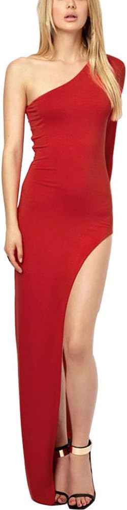 IneShe Women's Red One Shoulder Side Split Asymmetrical Formal Evening Party Maxi Dress