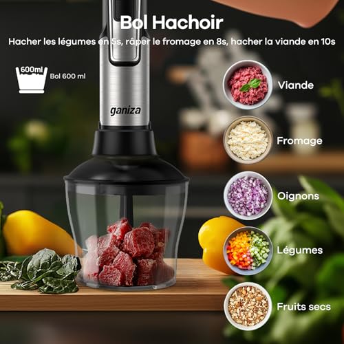 Ganiza Mixeur Plongeant 5-en-1, Mixeur Plongeur 1200W en Acier Inoxydable, Vitesse Réglable& Modes Turbo, avec Hachoir de 600ml, Fouet, et Verre Doseur 800ml, Idéal pour Soupes, Smoothies