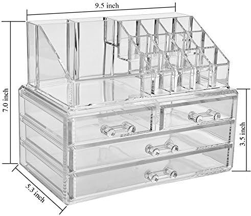 Ruifengsheng Acrylic Jewelry &amp; Cosmetics Organizer - Great Box for Organizing Your Lipstick Nail Polish Makeup Brushes Set Holder Keep Dresser Bathroom Organized with 4 Set of Drawers