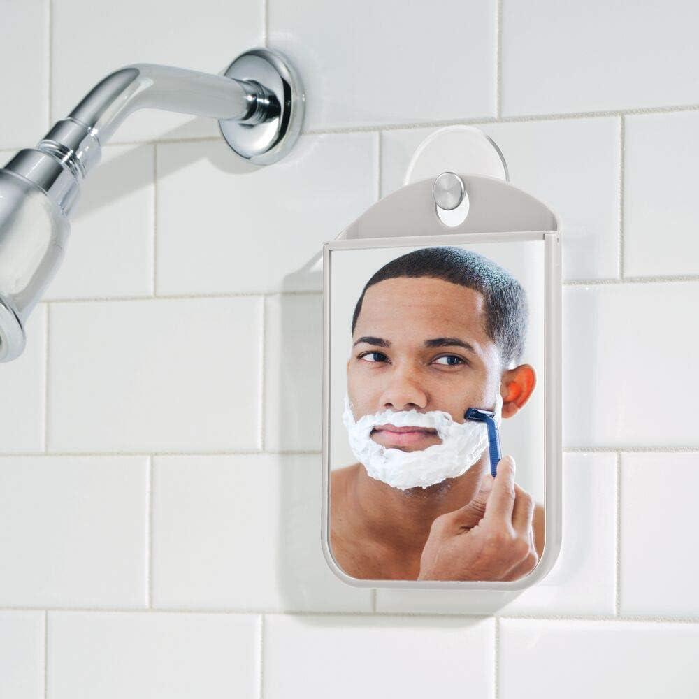 mDesign Bathroom Shower Suction Fog Away Shaving Mirror - Light Gray/Brushed -