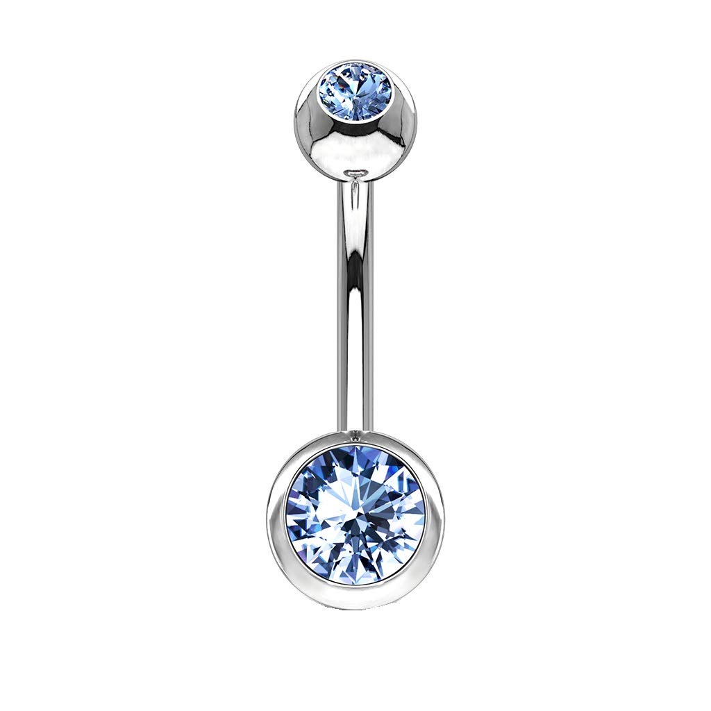 PiercedOff 316L Surgical Steel Belly Bar with Lite Blue CZ Gem Balls - Bar Thickness 14GA (1.6mm) / Bar Length 11mm / Ball Sizes 5mm Top Ball and 8mm Bottom Ball