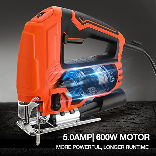 ValueMax Jig Saw, 5.0AMP Jigsaw Tool Kit with 6 Variable Speeds, 4-Position Orbital Setting, ±45° Bevel, Dust Blower and 6PCS Blades, 800-3000SPM, Corded Jigsaw for Wood, Metal and Plastic Cutting