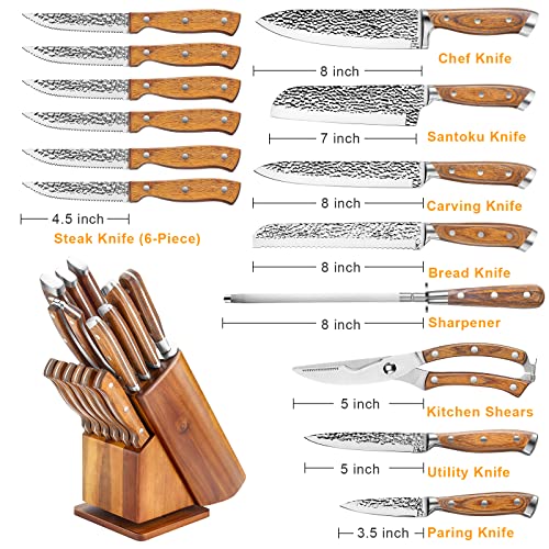 Knife Set, Karcu 15Piece Hammer Kitchen Knife Block Sets with Sharpener German Steel, Rotating