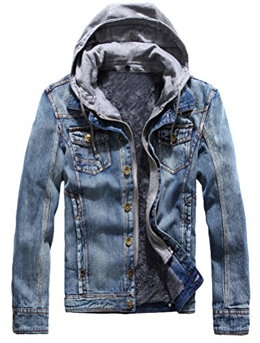 Vogstyle Men's Winter Denim Hooded Jacket Slim Fit Casual Jacket Button Down Distressed Jeans Coats Outwear Blue M