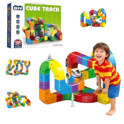 Gear Track Car, 123PCS Flexible Race Car Track Sets, for Toddlers with Electric Train, Traffic Signs, Cute Train Set Toys for 3 4 5 6 7 8 Year Old, Best Birthday Party Gift