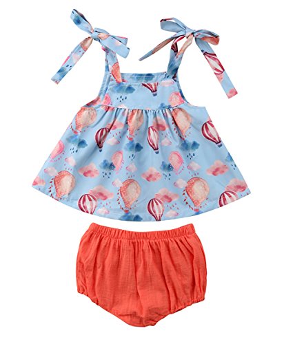 Baby Newborn Girls Summer Clothes Hot Air Balloon Print Suspender Vest +Watermelon Red Bloomers 2 pcs Casual Suit (Pink Blue, 0-6M)