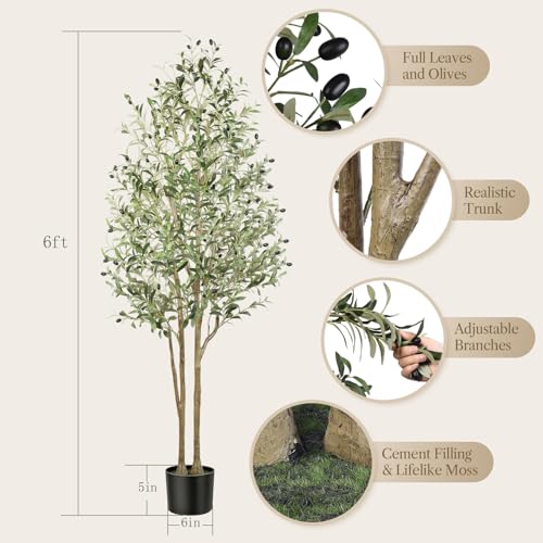 Alupssuc Olive Trees Artificial Indoor, 6FT Tall Faux Olive Tree, Artificial Plants with Natural Wood Trunk and Lifelike Fruits for Home Office Decor