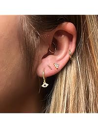 Huggie Hoop Earrings, 14k Gold Plated Sterling Silver Small Blue CZ Evil Eye Earrings for Women or Girl