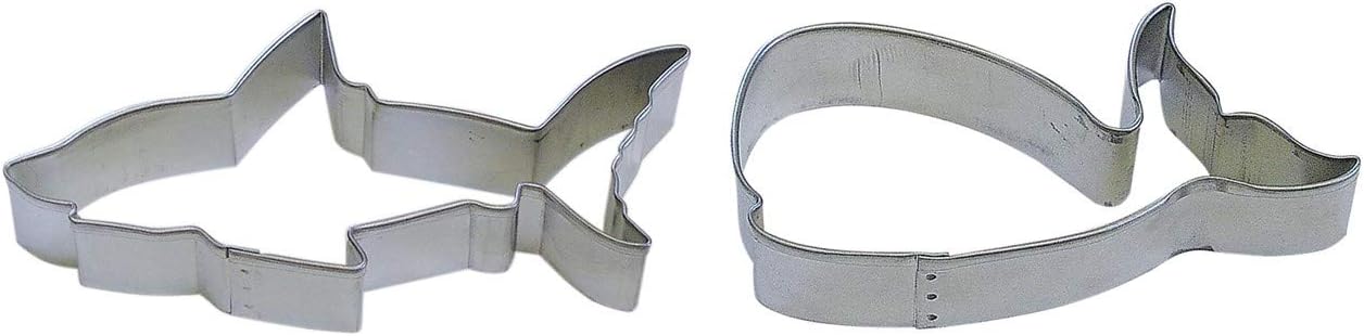 Marine Life - Whale 4" and Shark 4.5" Cookie Cutter Set - 2 Piece - Tinplated Steel - Includes National Cake Supply's Exclusive Copyright cookie cutter use and care instructions