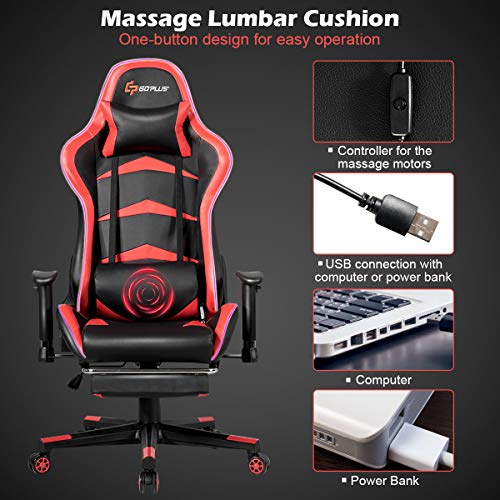 Goplus Massage Gaming Chair with LED Light, Reclining Backrest