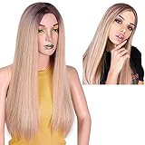 AISI HAIR Long Ombre Wig Mixed Color Brown Mixed Blonde Straight Wigs for Women Heat Resistant Middle Part Synthetic Blonde Wig High Density Long Hair Wig for Women