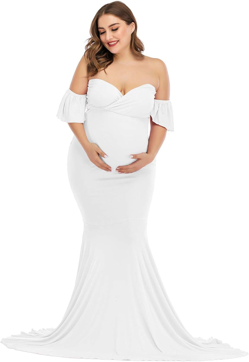 ZIUMUDY Off Shoulder Maternity Elegant Fitted Photo Shoot Gown Wraped Mermaid Baby Shower Dress at  Women’s Clothing store
