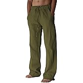 BUXKR Men's Linen Pants Beach Casual Cotton Summer Lightweight Elastic Waist Drawstring with Deep Pockets