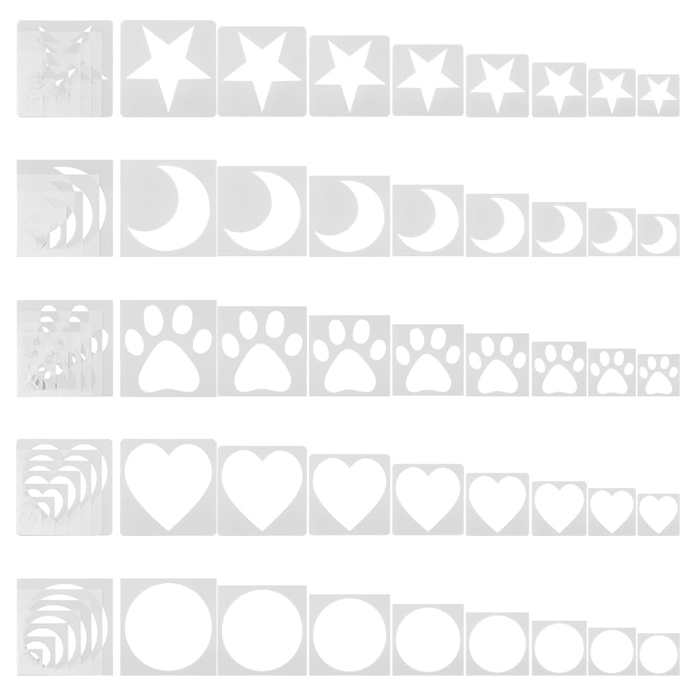SUPERFINDINGS 40Sheets Painting Stencil 5 Styles Plastic Stencil Star Heart Round Moon Paw Stencil Reusable Art Craft Stencils for Painting on Wall Window Car