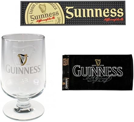 Guinness Barware Pack - Gaelic Bar Mat, Signature Bar Towel & Guinness Embossed Stem Glass