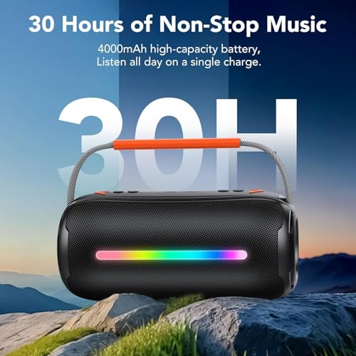 Portable Bluetooth Speaker with Handle, 40W Powerful Stereo Sound with Dual Bass Drivers, RGB Lights, IPX7 Waterproof, 30H Playtime, TWS Pairing/AUX/TF, Wireless Speaker for Party/Outdoor/Travel