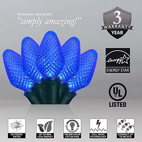 C7 LED Faceted Blue Prelamped Light Set, Green Wire - 25 C7 Blue LED Christmas Lights, 8" Spacing