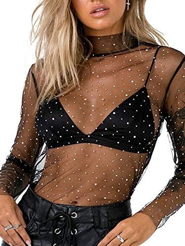 Women Pearl Sheer Top Mesh Beaded See Through Rhinestone Long
