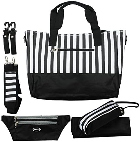 Diaper Bag Messenger with Changing Pad, Bottle Holders, Travel Money Belt, Stroller Clips, Color Black