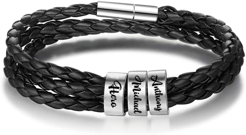 BINKILA Personalized Men Black Braid Bracelet Custom Bracelet for Men with 2-5 Sterling Silver Custom Beads Men's ID Bracelet