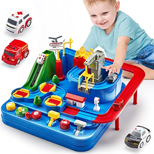 hahaland Track Cars Games Kids 3 4 5 Years Old Race Track Toy Set with Helicopter and 3 Car Educational Toys for Kids Gift