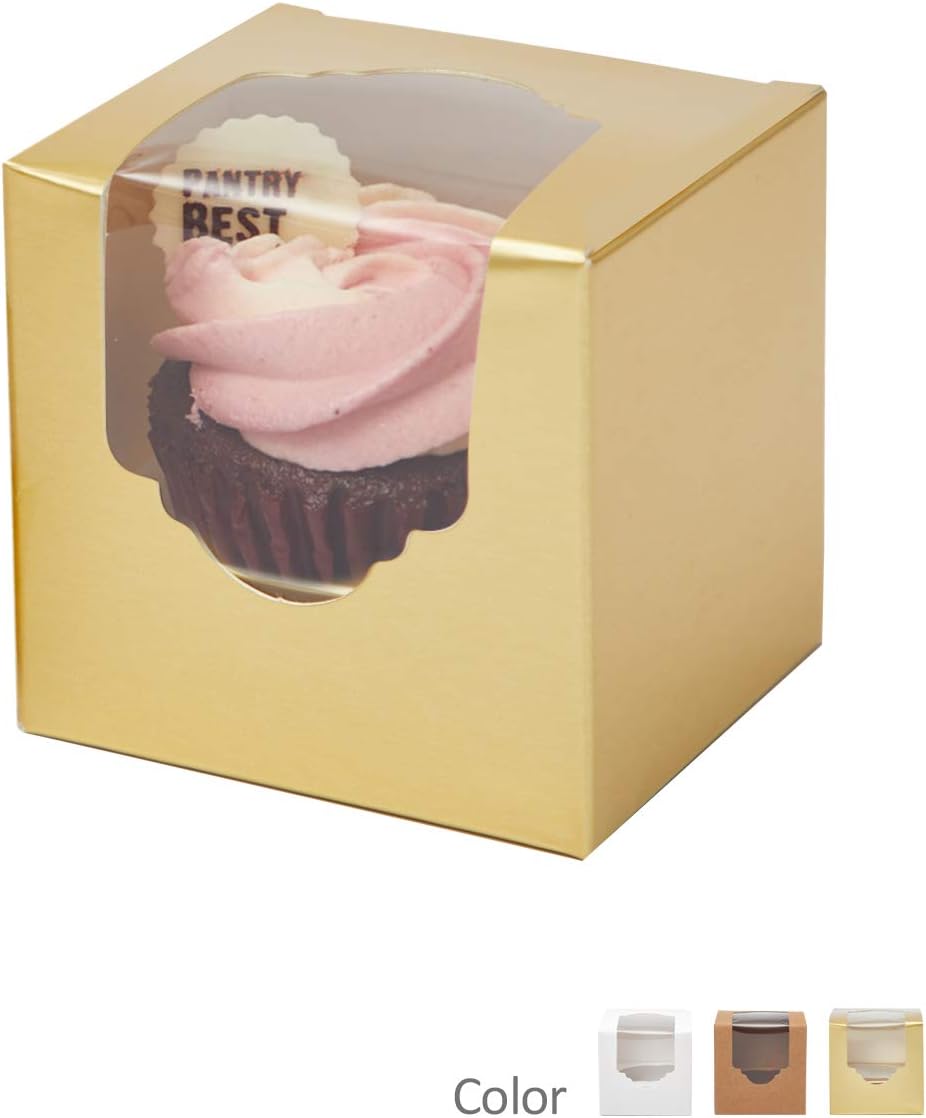Yotruth 2.5” x 2.5” x 2.5”Gold Mini Cupcake Boxes single individual Easy Assembly with Window and Insert 100 Pack
