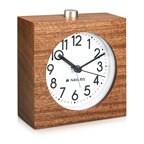 Navaris Analogue Wood Alarm Clock Retro Table Clock with Square
