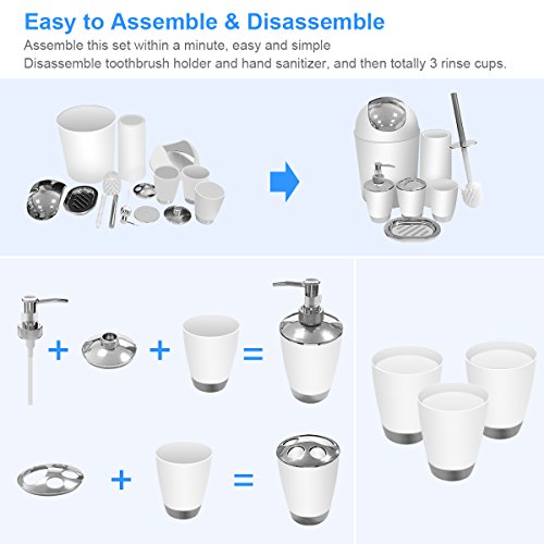 White Bathroom Accessories Set 6 Pieces Plastic Bathroom Accessories Toothbrush Holder, Rinse Cup, Soap Dish, Hand Sanitizer Bottle, Waste Bin, Toilet Brush with Holder - Thumbnail 3